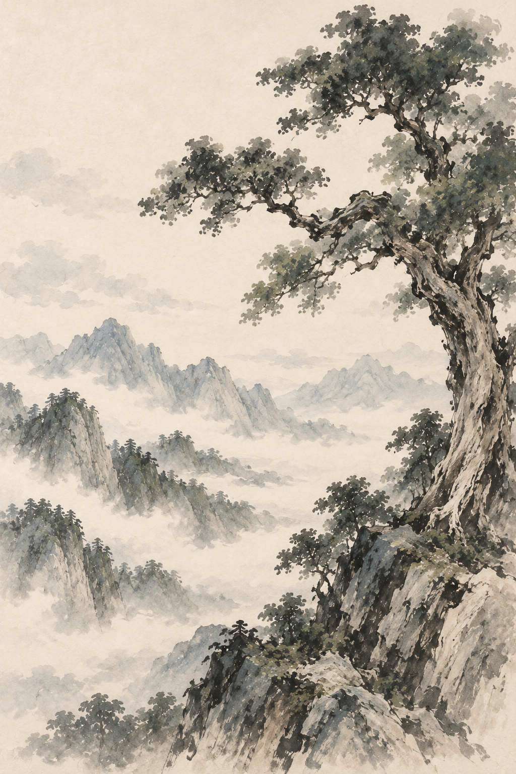 Expressive Chinese ink-painting-inspired landscape with an old tree, open mist and distant mountains.