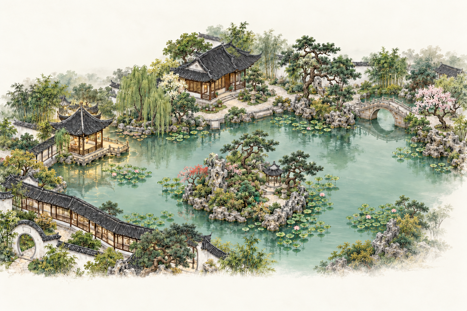 An illustrated Suzhou-inspired garden, with a waterside pavilion, study, stone bridge, rock garden and covered walkway.
