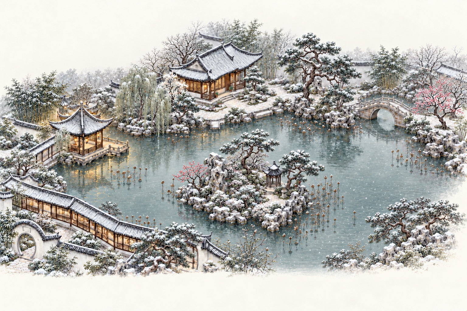 The same garden in winter, with snow-dusted roofs and plum blossoms.
