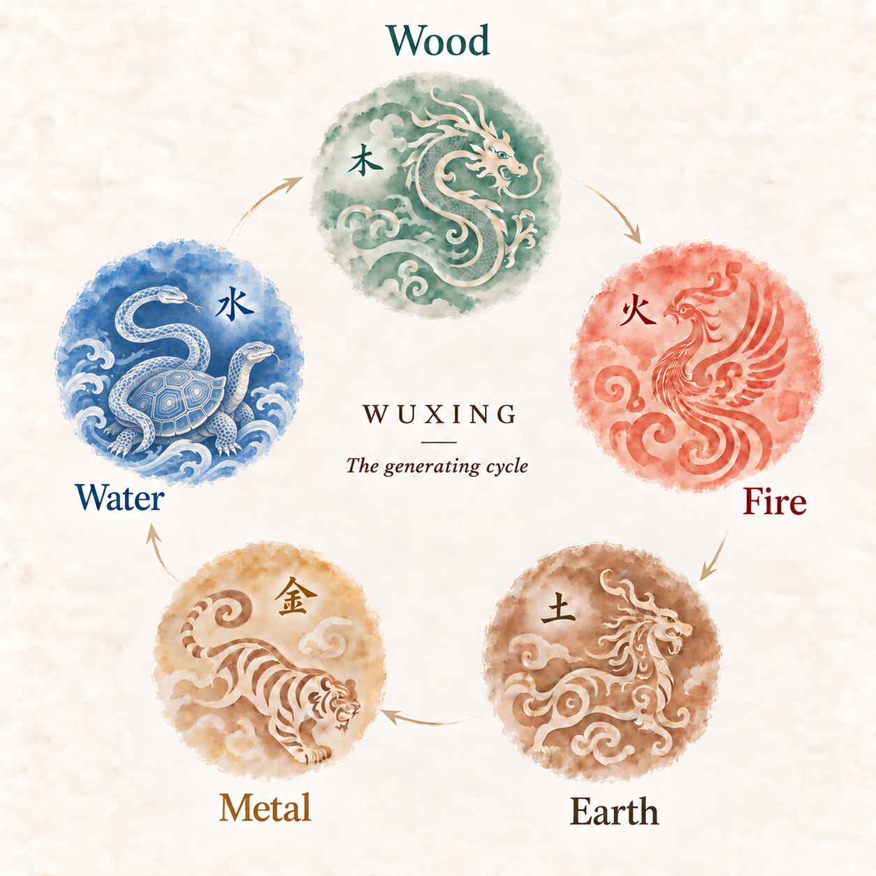 Five pale watercolor circles with traditional dragon, bird, qilin, tiger and tortoise-and-snake motifs. Brush arrows follow Wood, Fire, Earth, Metal, Water, then return to Wood.